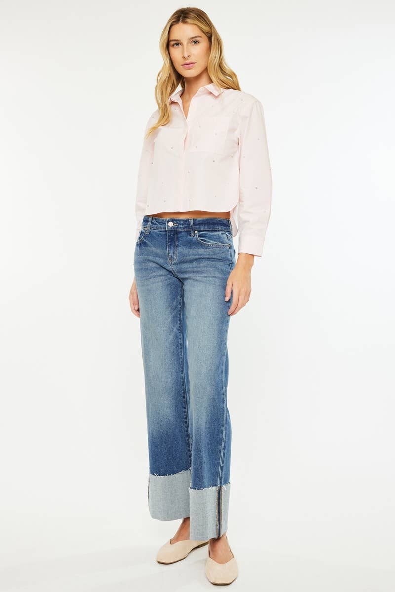 Mid Rise Wide Flare Cuffed Jeans - KC78033D - Mercantile213
