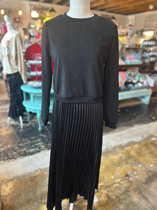 Midnight Black Faux 2pc Sweater/Pleated Skirt Dress - Mercantile213