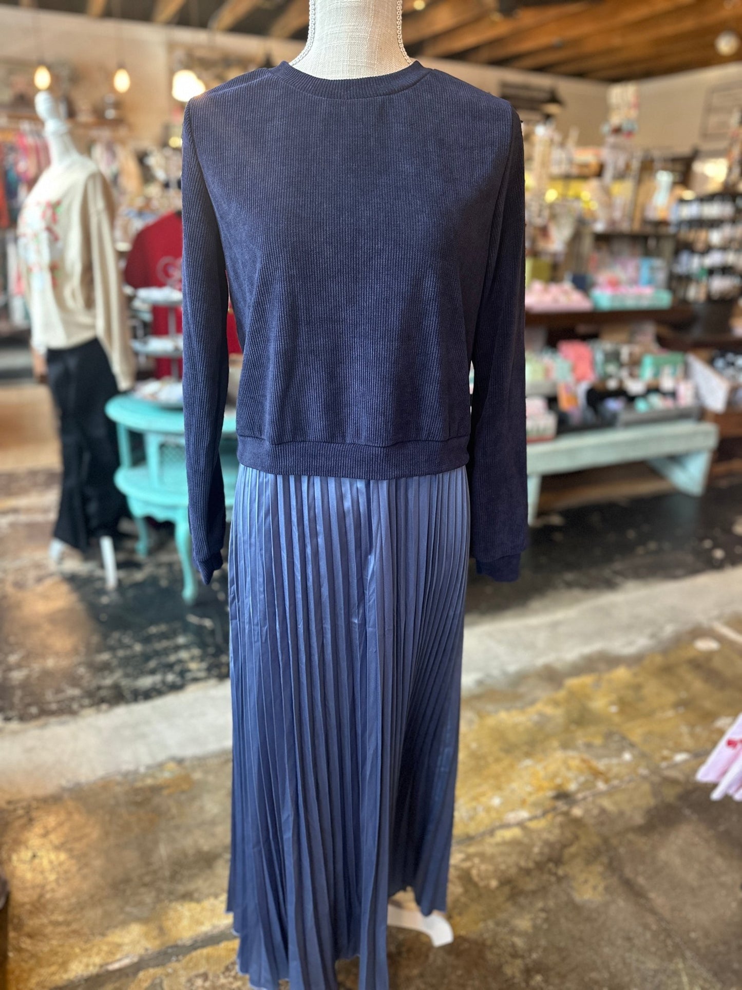 Midnight Navy Faux 2pc Sweater/Pleated Skirt Dress - Mercantile213