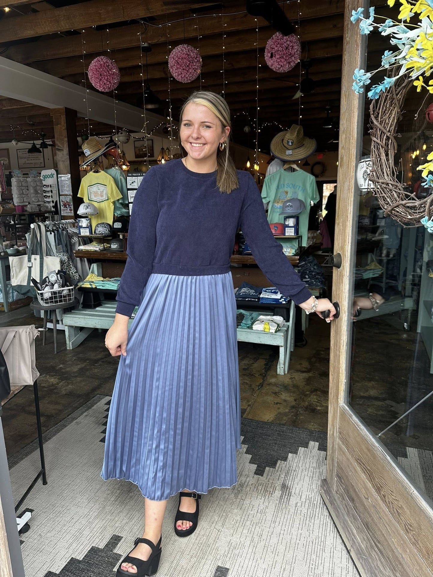 Midnight Navy Faux 2pc Sweater/Pleated Skirt Dress - Mercantile213