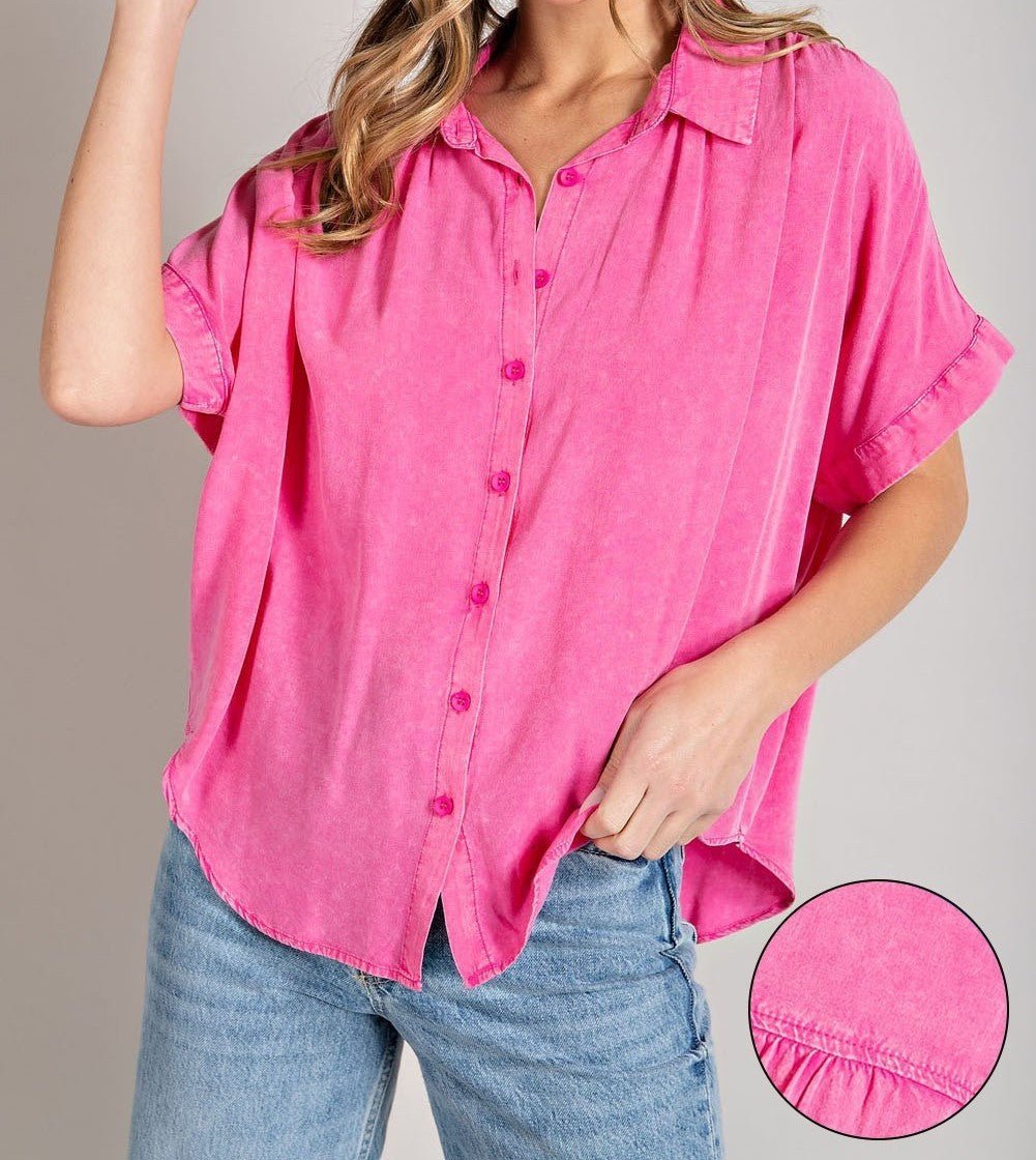 Mineral Washed Button Down- Hot Pink - Mercantile213