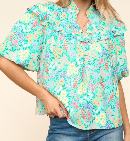 Mint Floral Ruffle Puff Blouse - Mercantile213