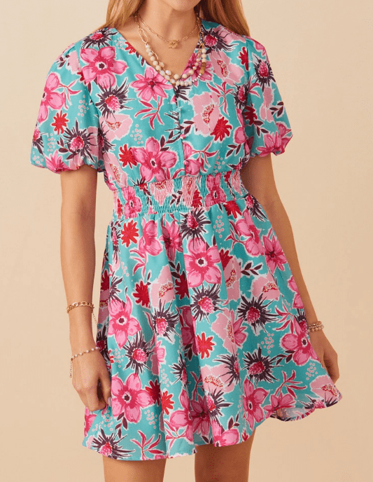 Mint Floral Smocked Waist Dress - Mercantile213