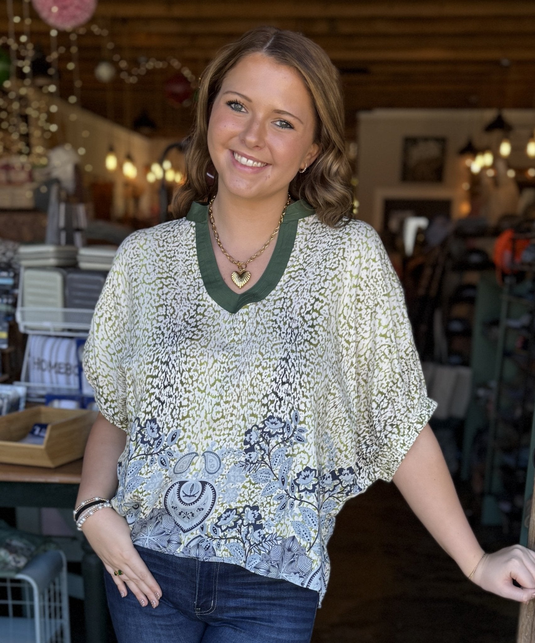 Mixed Print Dolman Sleeve Blouse - Olive - Mercantile213