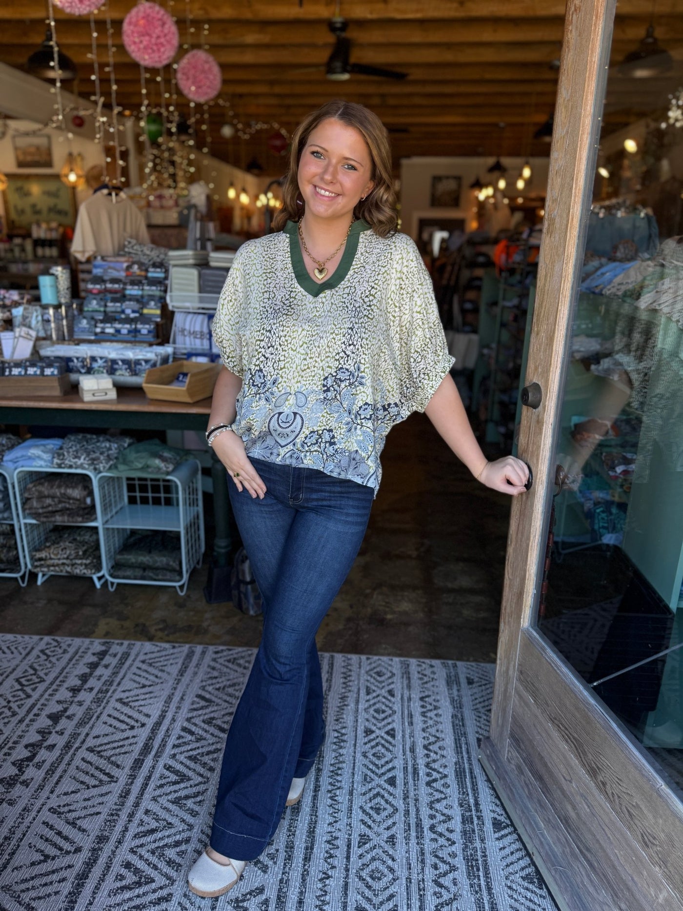 Mixed Print Dolman Sleeve Blouse - Olive - Mercantile213