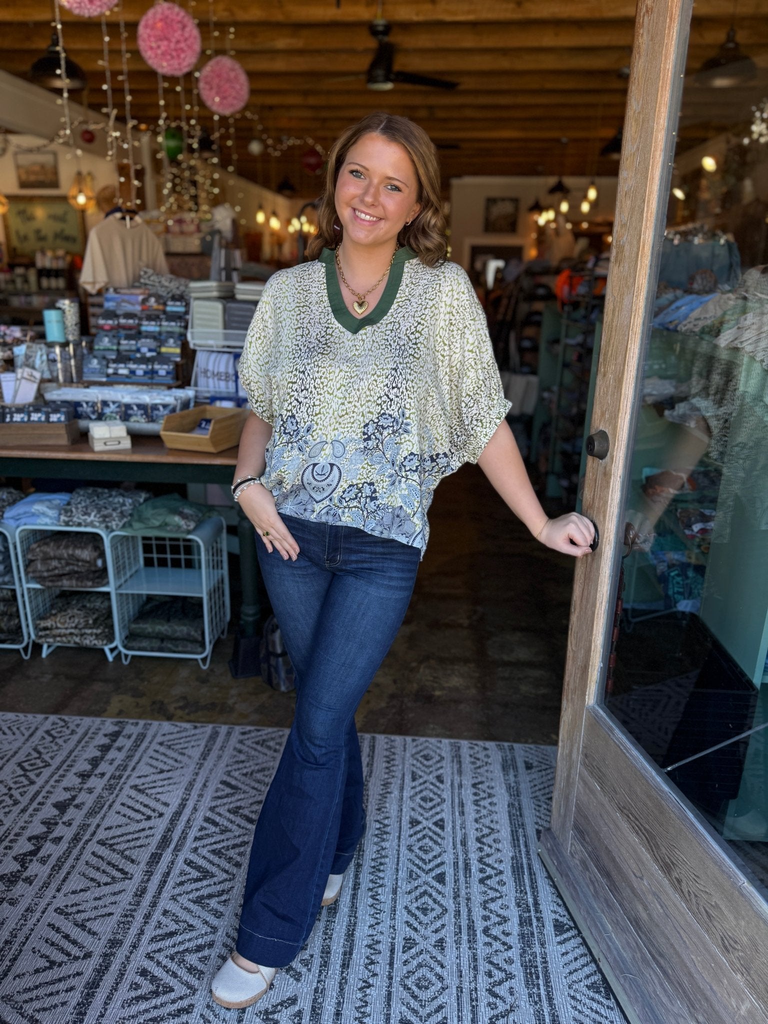 Mixed Print Dolman Sleeve Blouse - Olive - Mercantile213