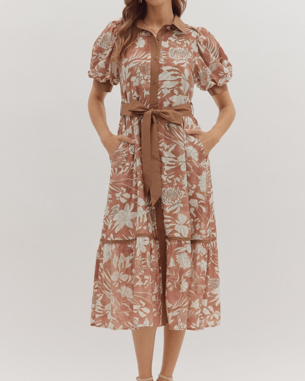 Mocha Floral Midi Dress - Mercantile213