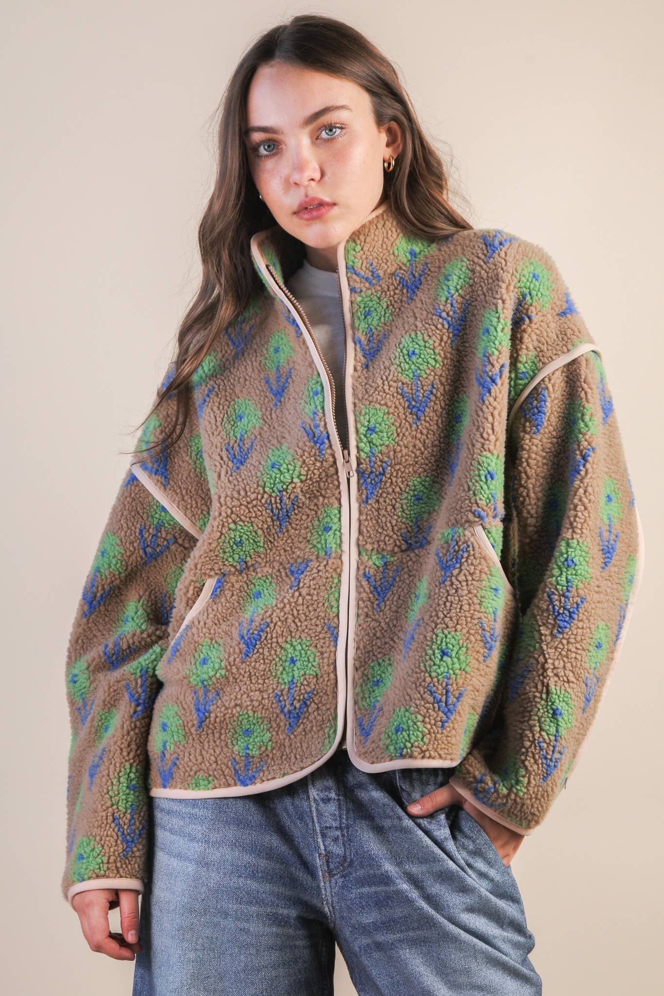 Mocha Floral Printed Casual Fleece Jacket - Mercantile213
