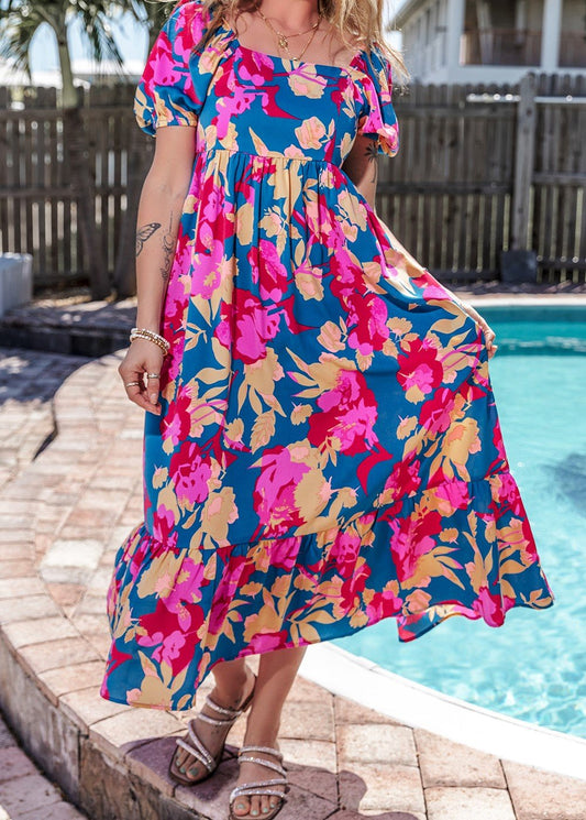 Multi Color Floral Square Neck Short Sleeve Dress - Mercantile213