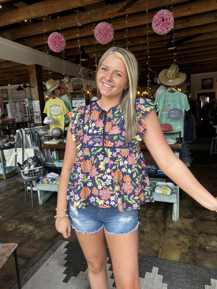 Multi Floral Flutter Sleeve Blouse - Mercantile213