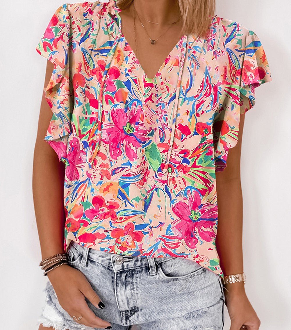 Multi Floral Ruffle VNeck Blouse - Mercantile213