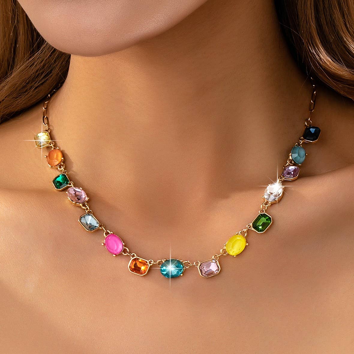 Multicolor Gemstone Link Necklace - Mercantile213