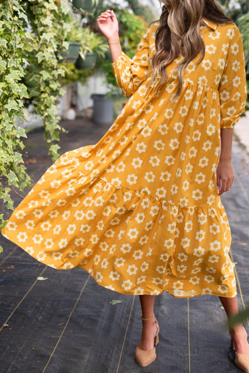 Mustard Floral Midi Dress - Mercantile213