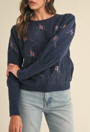 Navy Floral Embroidered Sweater - Mercantile213