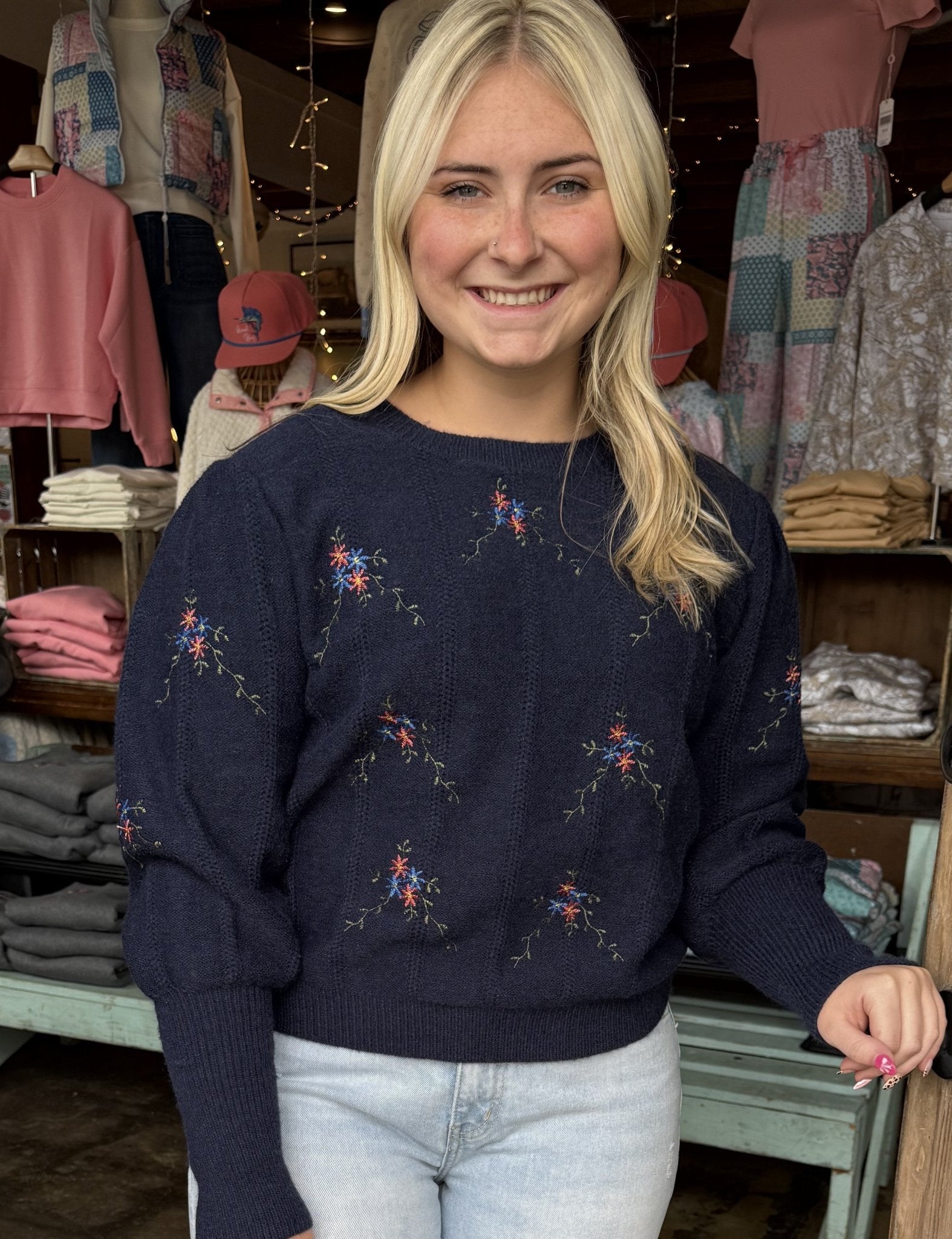 Navy Floral Embroidered Sweater - Mercantile213