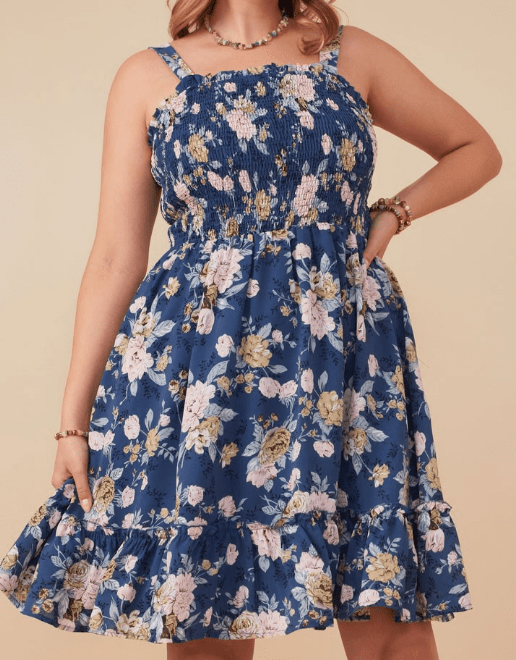 Navy Floral Smocked Bodice Dress - Mercantile213