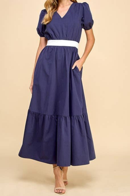 Navy Maxi w/White Tie Waist Band - Mercantile213