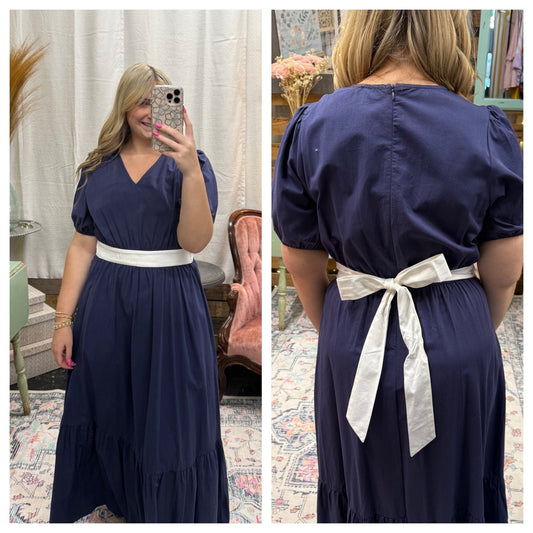 Navy Maxi w/White Tie Waist Band - Mercantile213