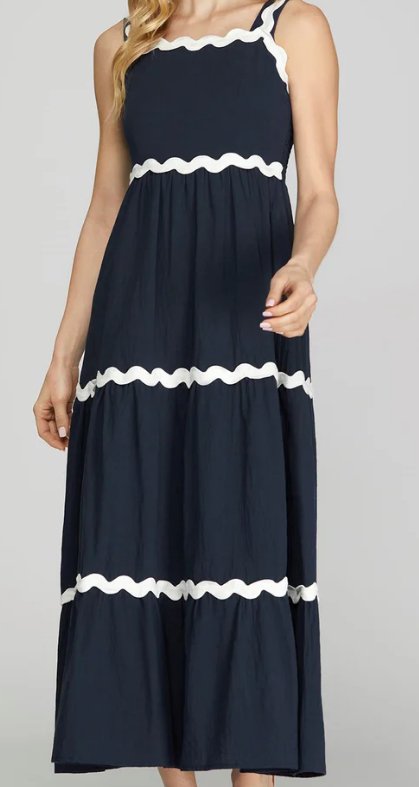 Navy Ric Rac Trimmed Maxi Dress - Mercantile213