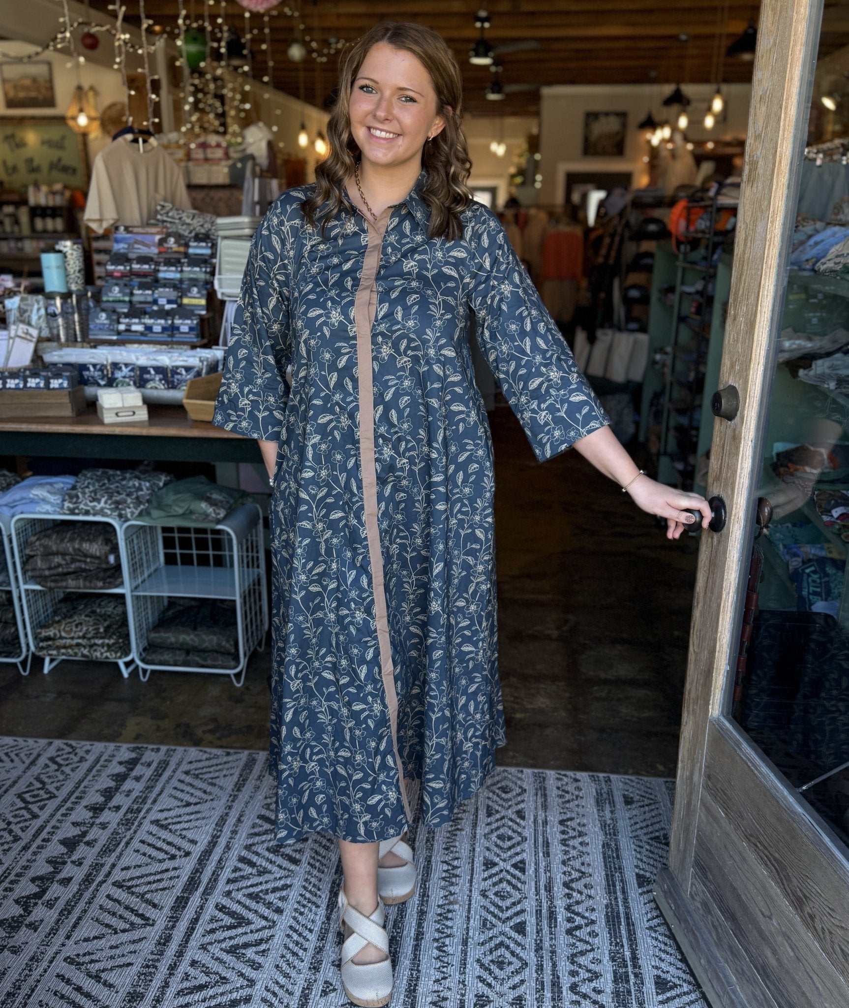 Navy/Taupe Floral Print Dress - Mercantile213