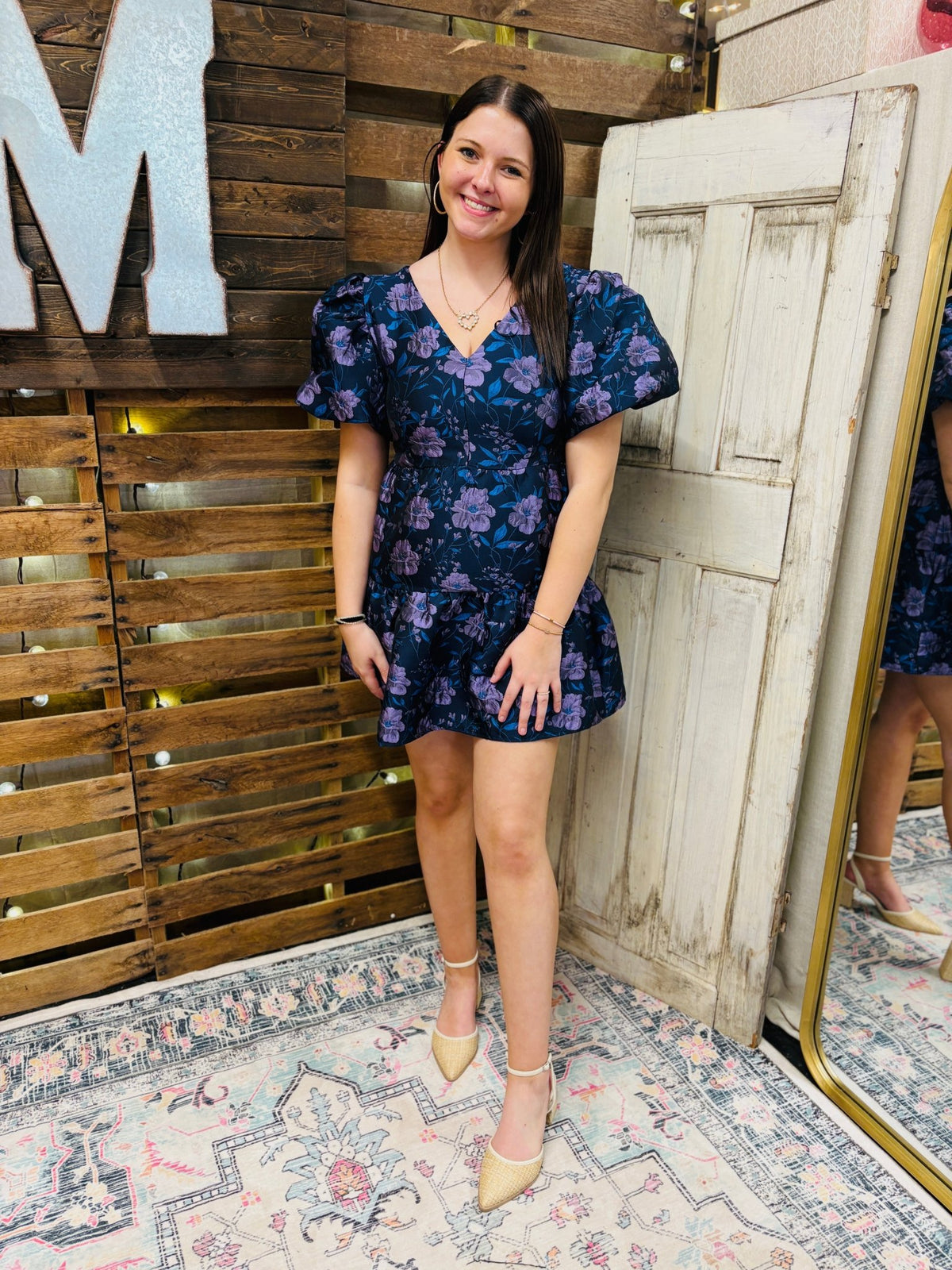 Nicole Jacquard Mini Dress- Navy - Mercantile213