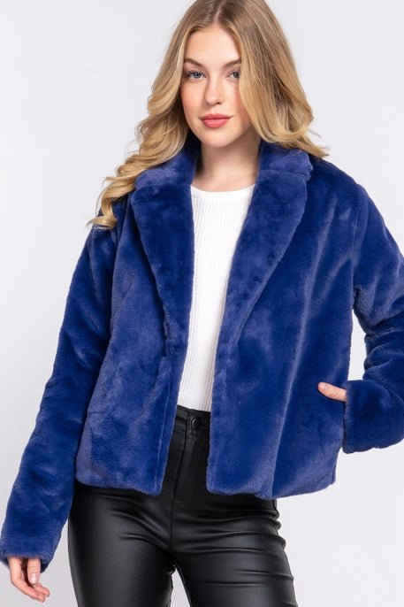 Notched Collar Faux Fur Jacket - Blue - Mercantile213