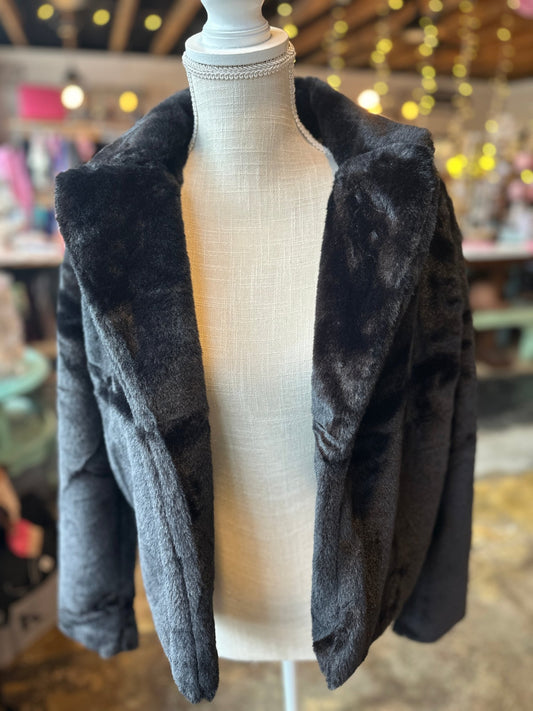 Notched Collar Open Front Faux Fur - Black - Mercantile213