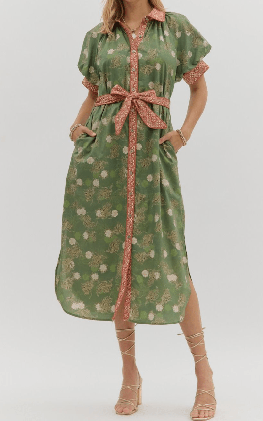 Olive/Rust Floral Midi Dress - Mercantile213
