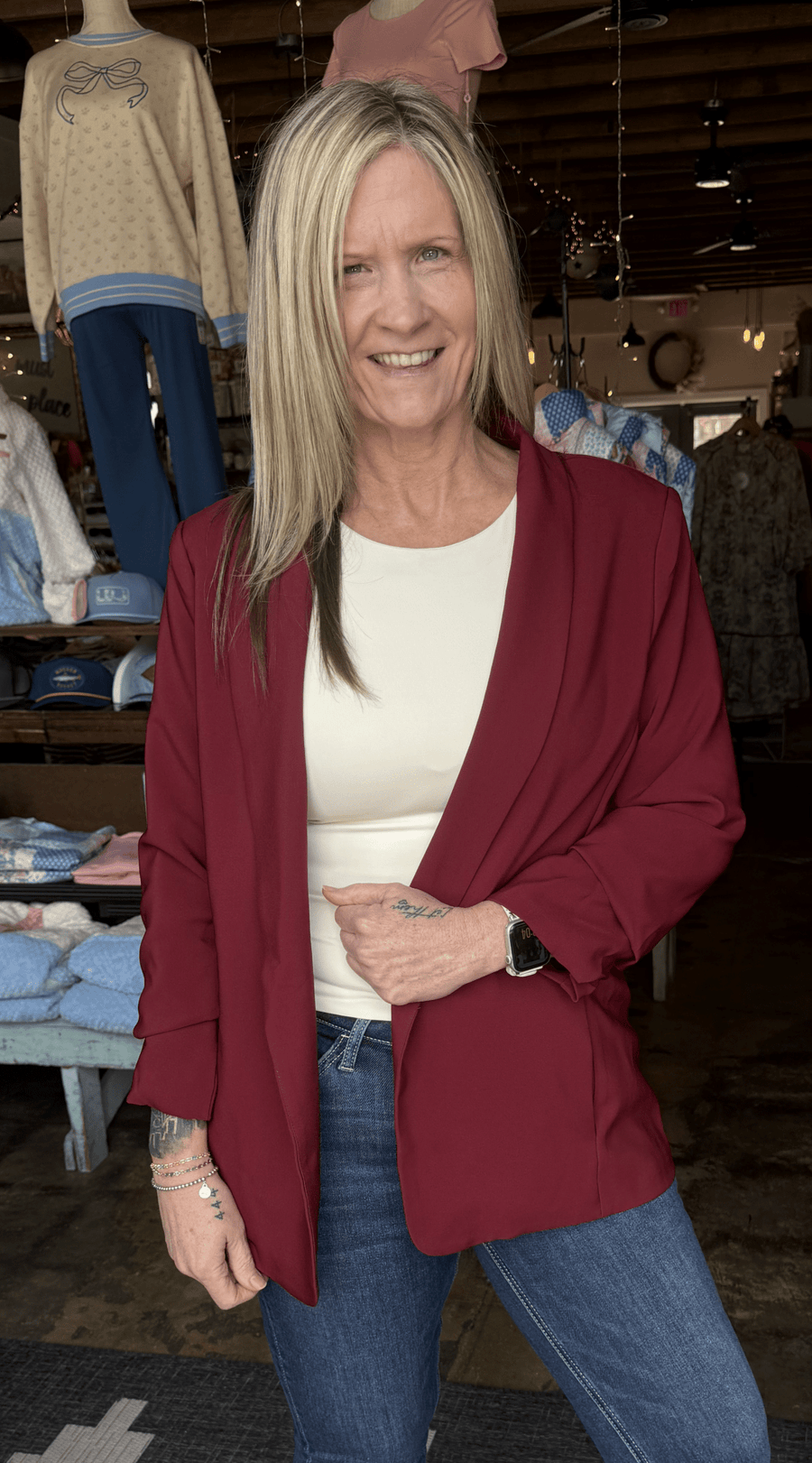 Open Front Blazer - Burgundy - Mercantile213