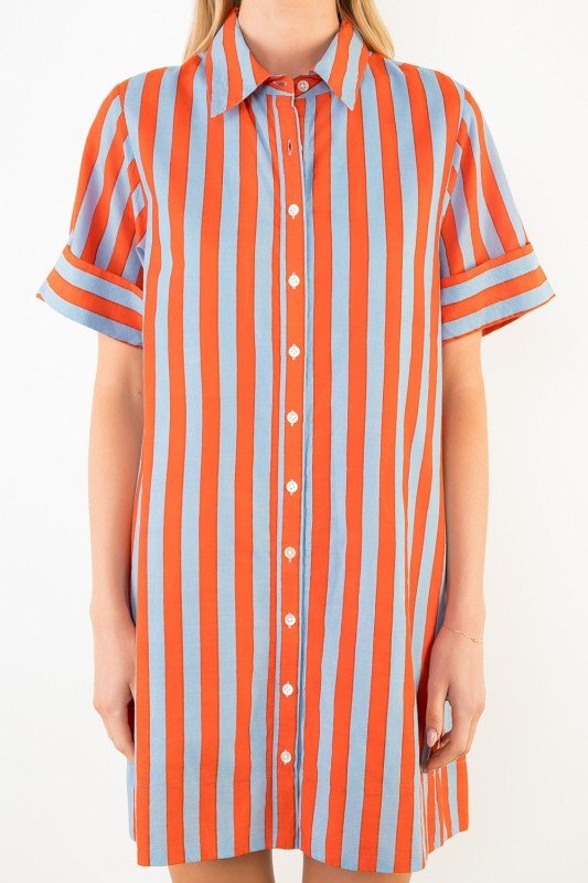 Orange & Blue Stripe Button Up Mini Dress - Mercantile213