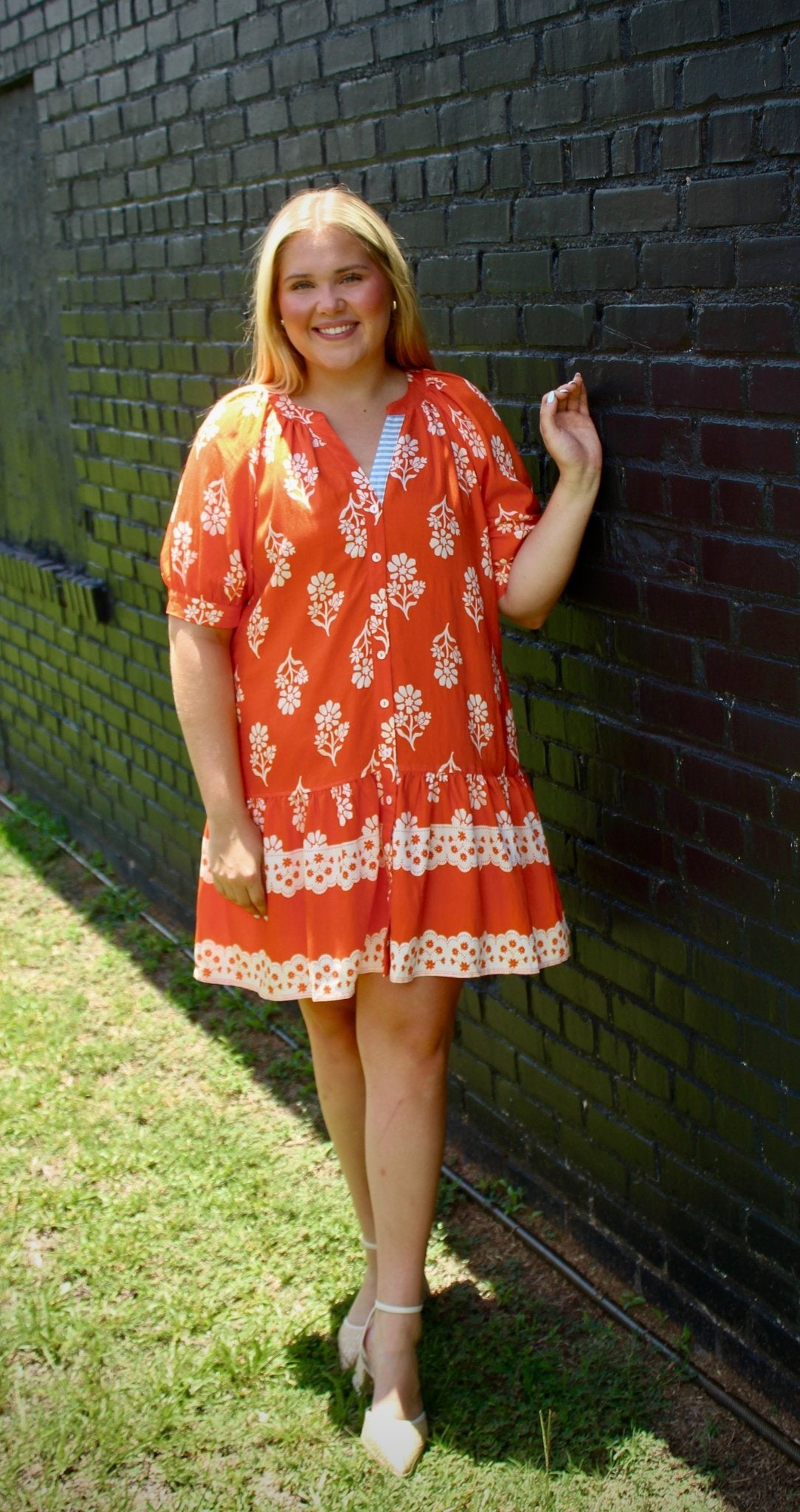 Orange Floral Button Up Mini Dress - Mercantile213