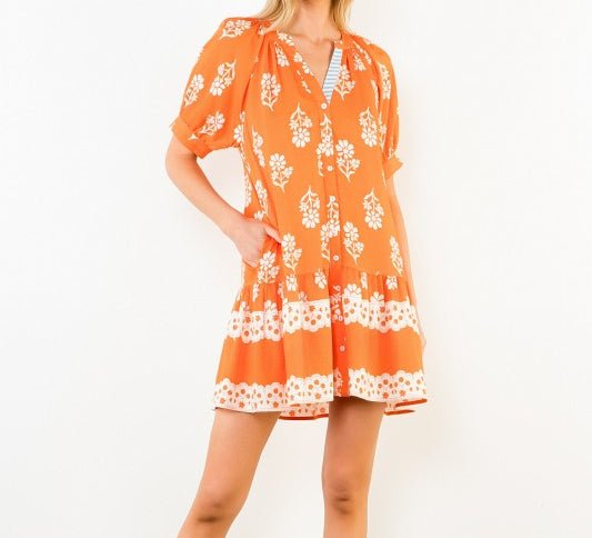 Orange Floral Button Up Mini Dress - Mercantile213