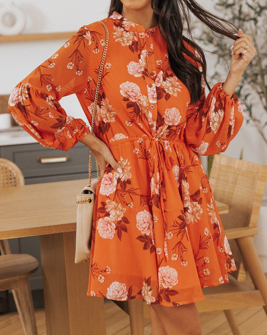 Orange Floral Cinched Waist Dress - Mercantile213