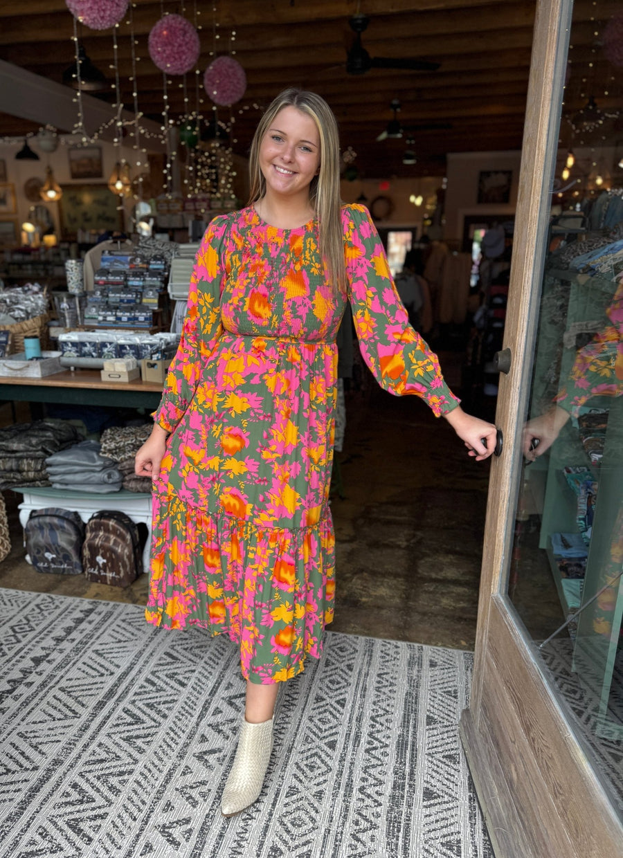 Orange Floral Smocked Dress - Mercantile213