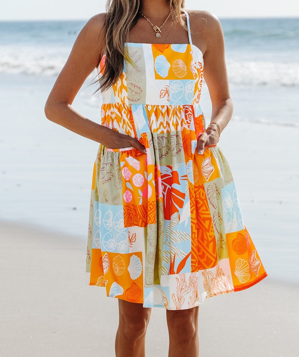 Orange Patchwork Spaghetti Strap Dress - Mercantile213