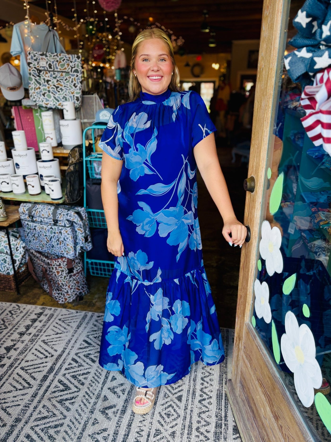 Organza Floral Mockneck Maxi Dress- Navy - Mercantile213