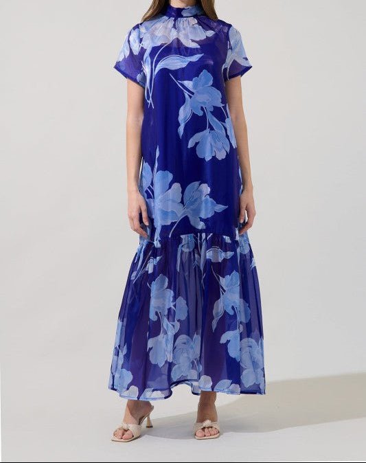 Organza Floral Mockneck Maxi Dress- Navy - Mercantile213