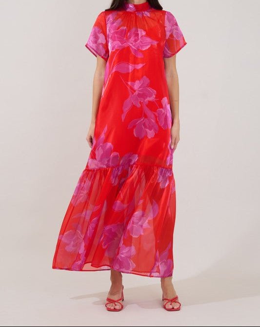 Organza Floral Mockneck Maxi Dress- Red - Mercantile213