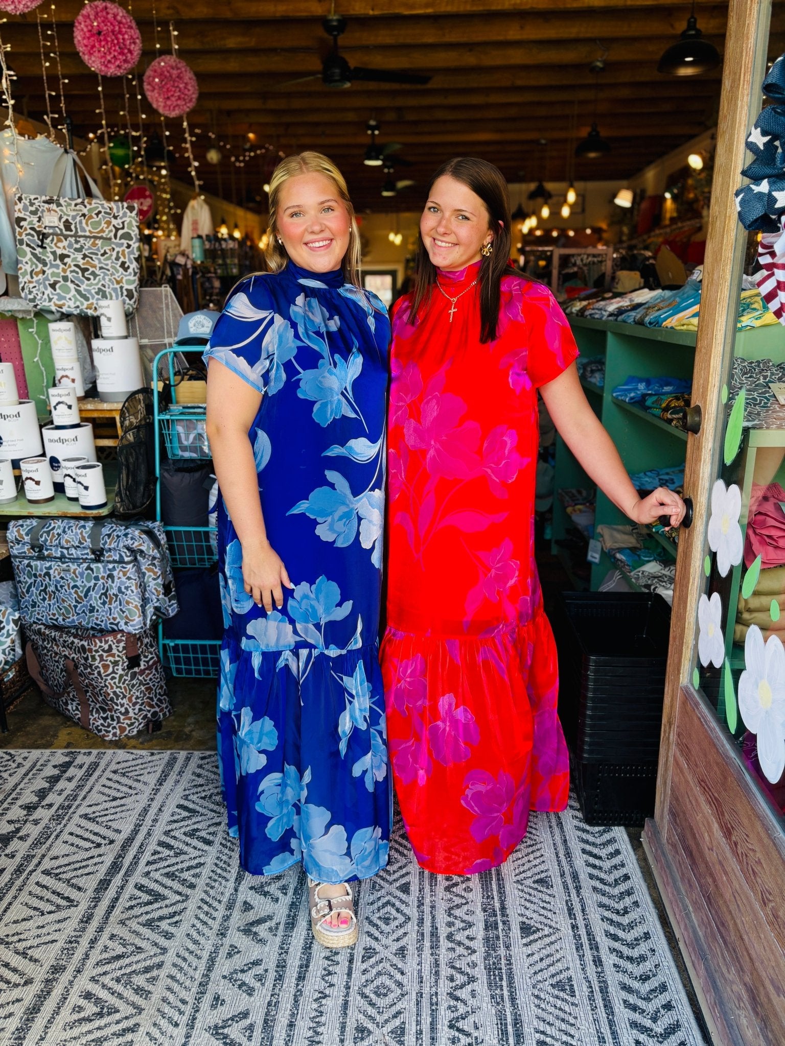 Organza Floral Mockneck Maxi Dress- Red - Mercantile213