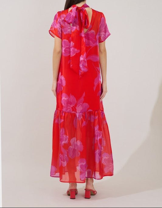 Organza Floral Mockneck Maxi Dress- Red - Mercantile213