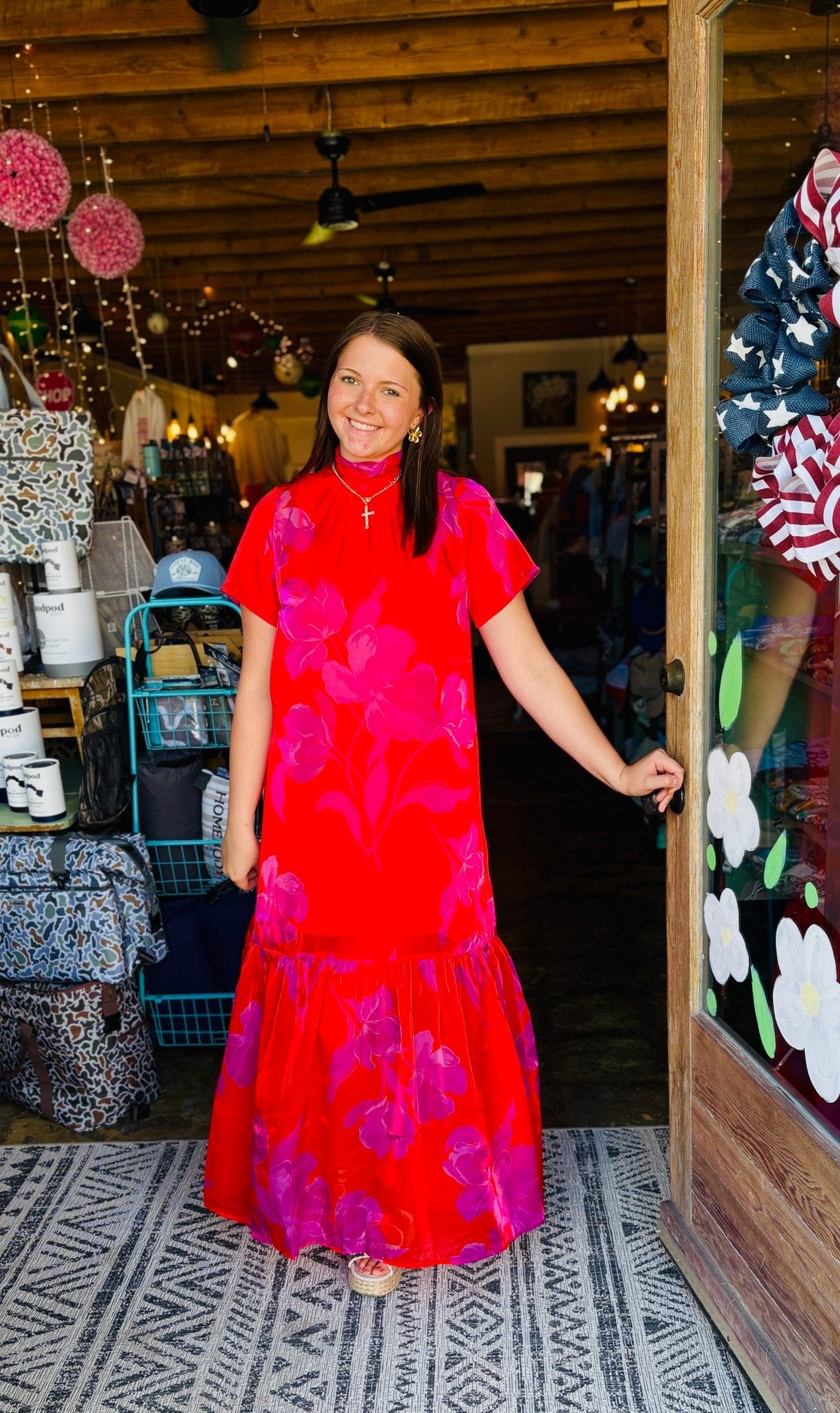 Organza Floral Mockneck Maxi Dress- Red - Mercantile213