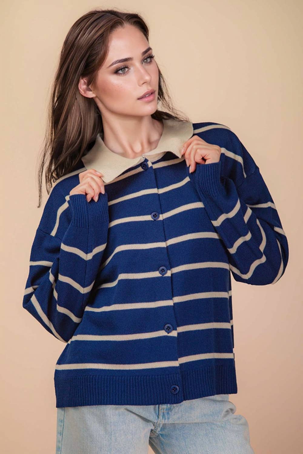 Oversized Button Down Striped Casual Sweater: NAVY - Mercantile213