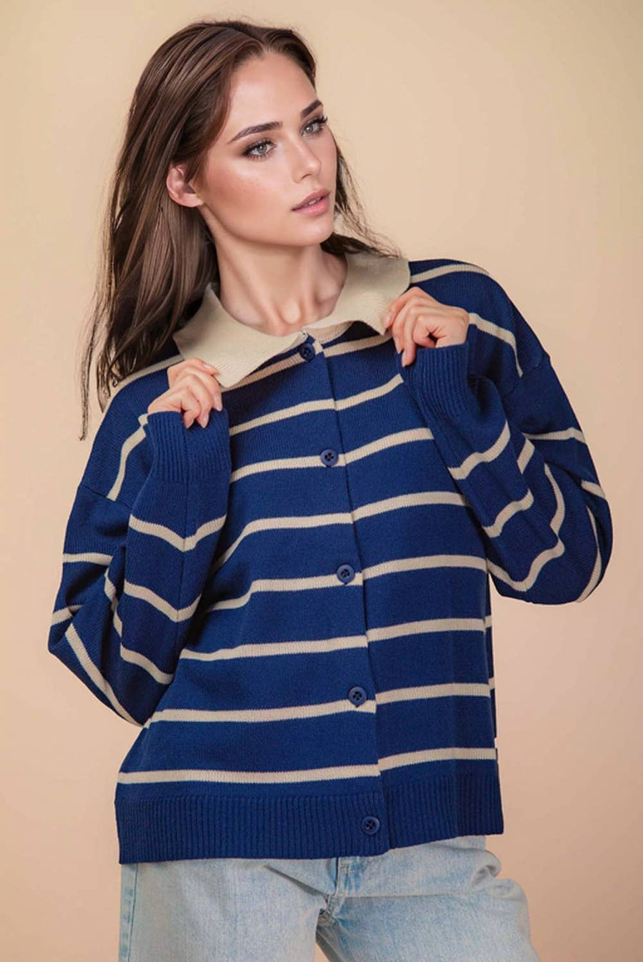 Oversized Button Down Striped Casual Sweater: NAVY - Mercantile213