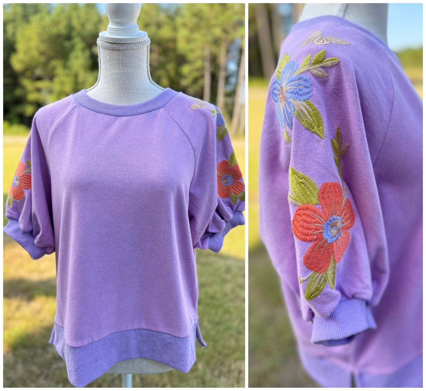 Periwinkle Emroidered Sleeve SS Sweatshirt - Mercantile213