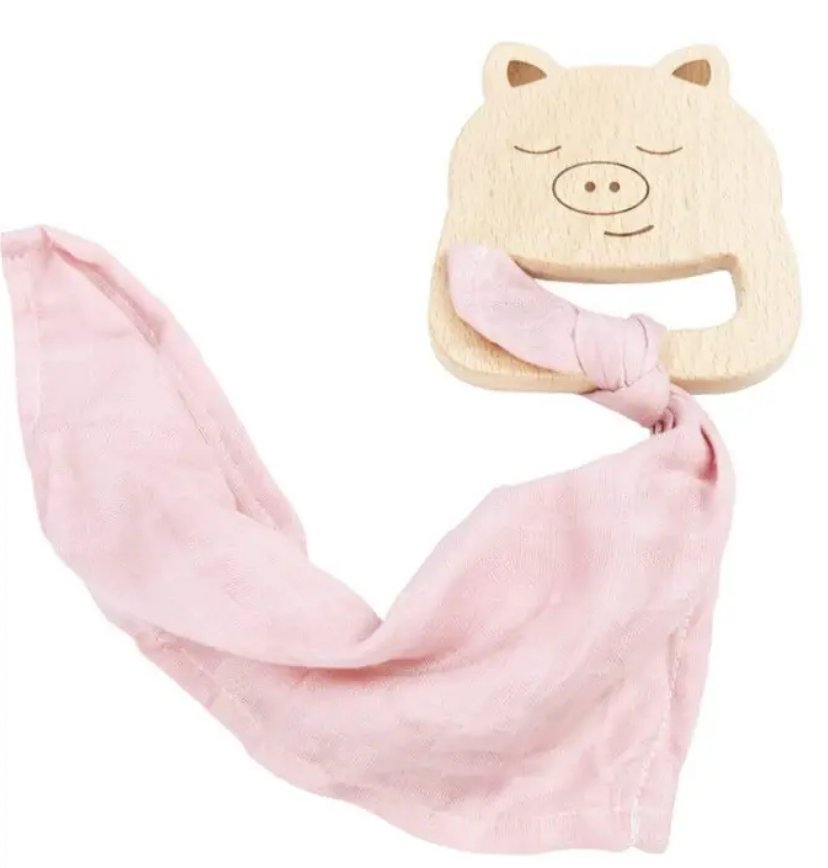 Pig Wooden Teether & Pink Blankie - Mercantile213