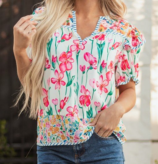 Pink Floral Split Neck Blouse - Mercantile213
