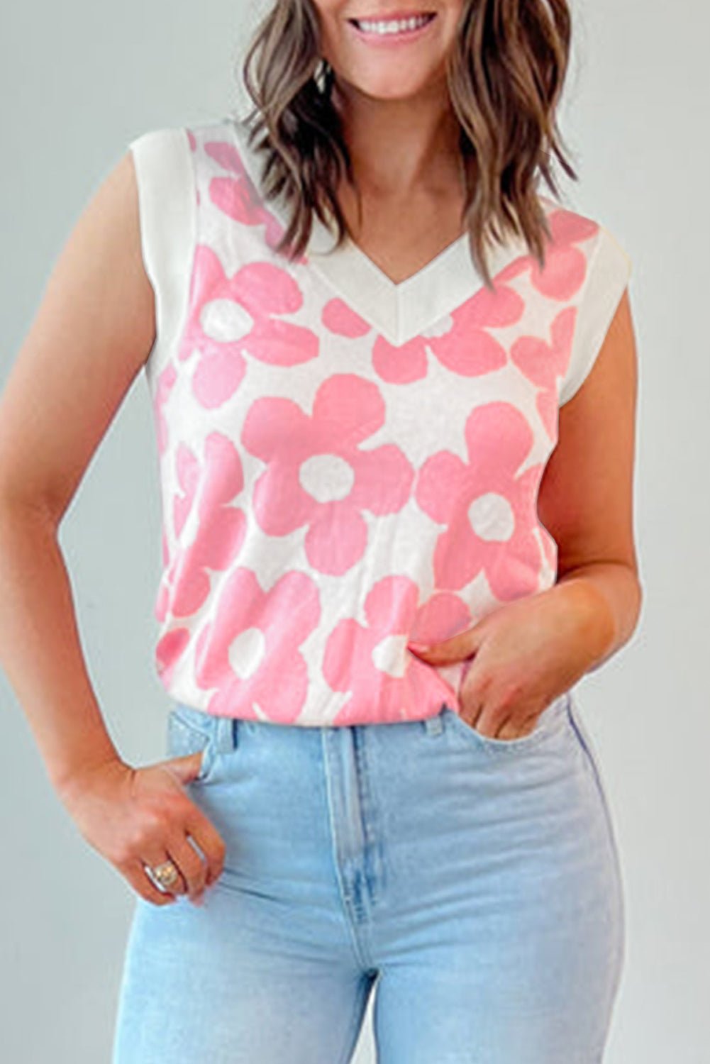 Pink Flower VNeck Top - Mercantile213