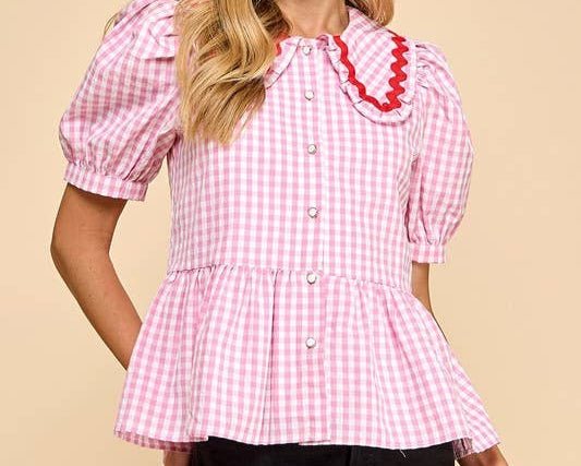 Pink Gingham Peplum Top With Peter Pan Collar - Mercantile213