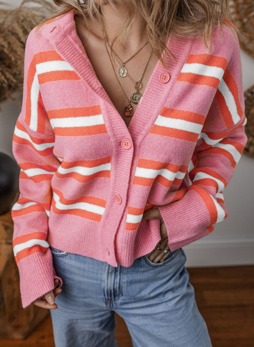 Pink Stripe Button Up Cardigan - Mercantile213