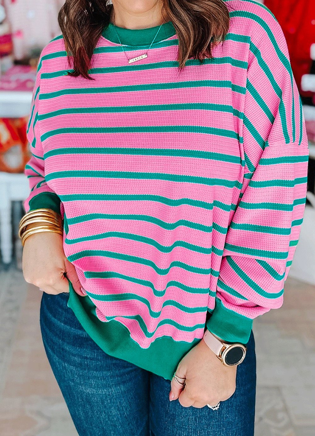 Pink/Green Stripe Waffle Knit Sweatshirt - Mercantile213